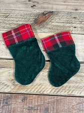 2x Green Red Christmas Stocking 8” Solid Plaid Cuff Mini Santa Holiday Decor Set