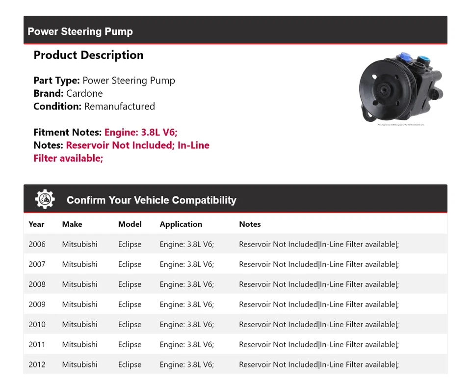 Насос гидроусилителя руля Cardone 2007 2008 для Mitsubishi Eclipse 3,8 л V6 2006-2012 годов выпуска - Изображение 2 из 4