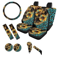 Print Car Seat Covers Full Set for Women - Non-Slip Steering Sunflower Leopard