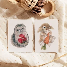 Fine Art Print Giclée Poster Watercolor Rabbit and Hedgehog Set of Two