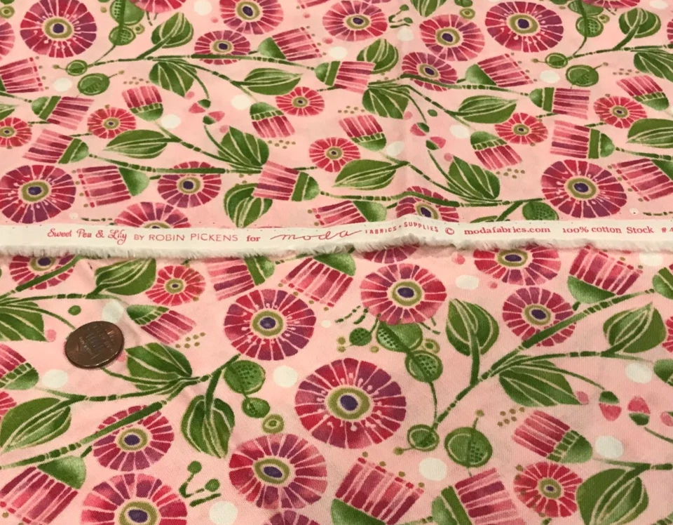 Flowers*Leaves*Stems * Pink*Green*White* Moda * 100% Cotton Remnant * 8" x 22" * - Image 4 of 4