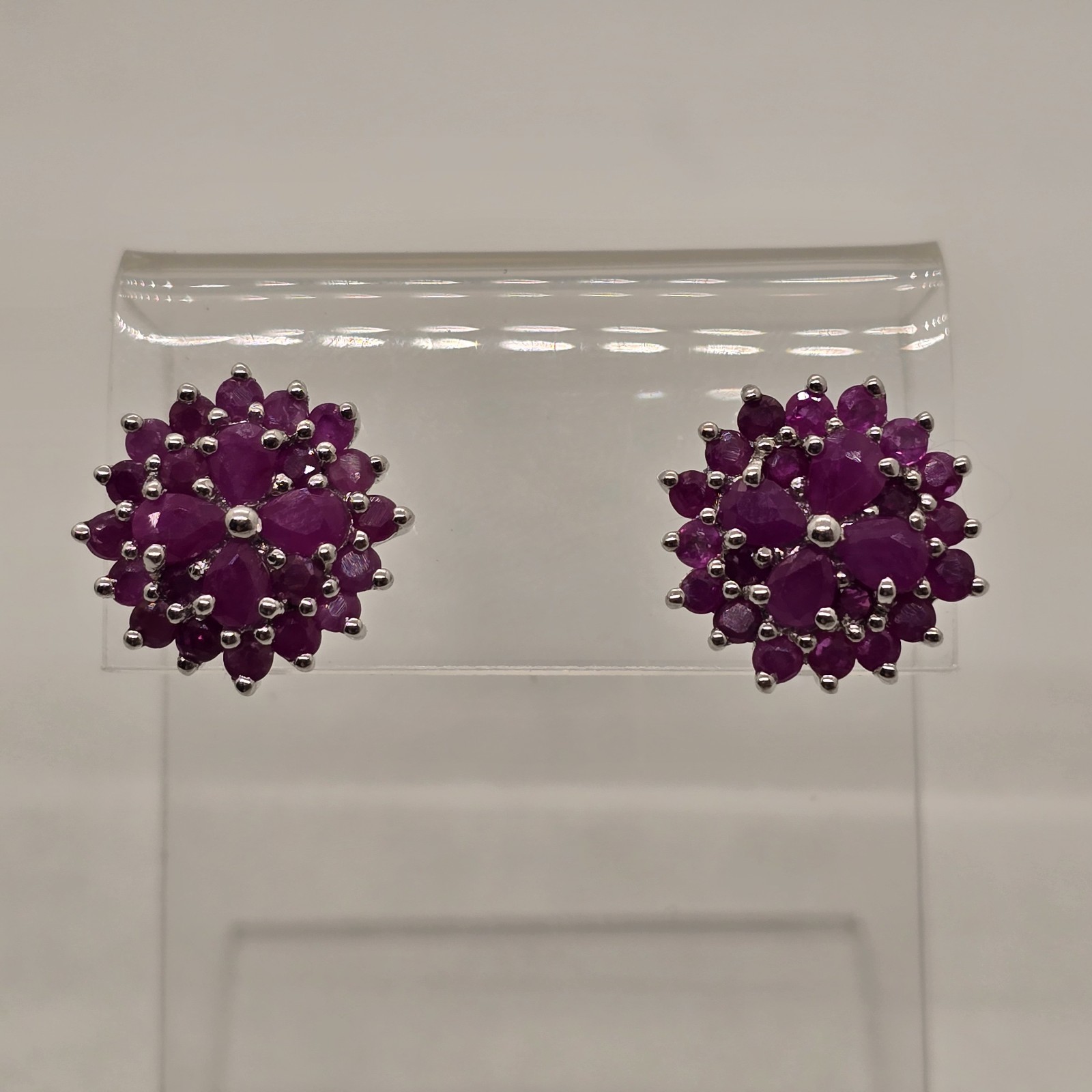 Sterling Silver Ruby Cluster Flower Stud Earrings - image 2