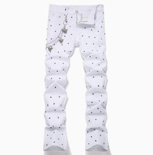 Men's White Cotton Blend Flared Rhinestone Punk Hip Hop Motorcycle Pants Jeans