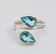 Handmade Blue Topaz Quartz Ring: 925 Sterling Silver Boho Band Ring All Size