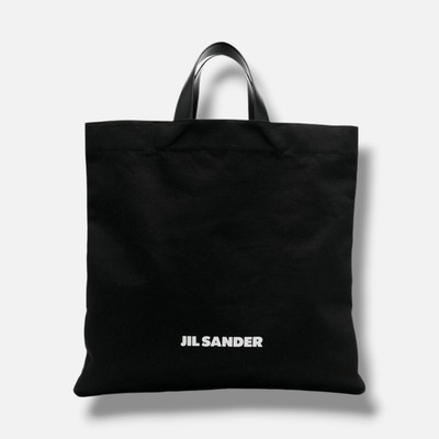Jil Sander Women's Black Linen Leather Trim Logo Print Large Tote Bag