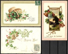 LE244 Greeting french postcard: Embossed 1905 Happy Xmas decorations