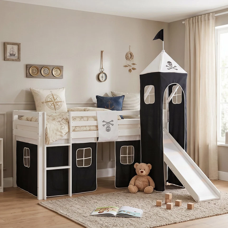 Hochbett 90x200 Kinderbett mit Rutsche Weiß Stockbett Vorhang Turm Homestyle4u - Bild 1 von 4