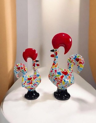 Set of 2 Rooster Bird Sculptures Abstract Geometric Stained Glass Mosaic Decor