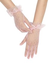 Short Polka Dot Lace Gloves Bow Mesh Tea Party Glove for Women One Size Pink