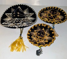 Lot of 3 Vntg Miniature Mexican Sombrero Mariachi Charro Hats Black Brown Velvet