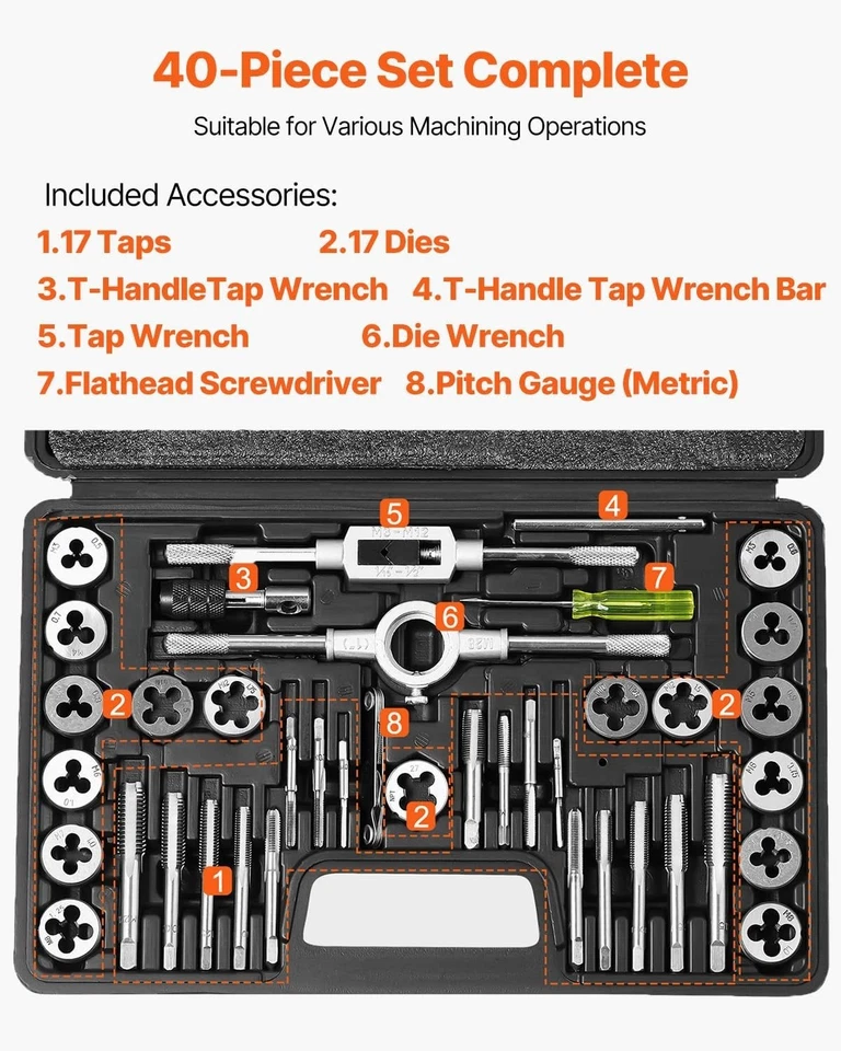 Juego de grifos y troqueles SucceBuy 40 piezas métrico SAE cojinete estándar grifos y troqueles de acero Foto 3 de 4