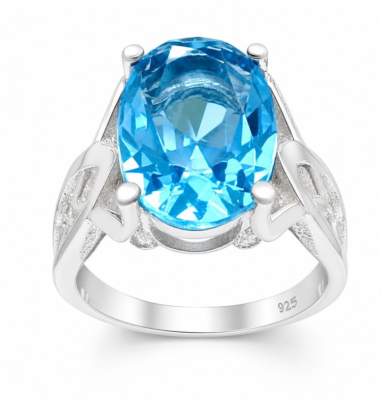 LAB CREATED  7.75 Cts BLUE TOPAZ  & GENUINE DIAMOND RING .925 Silver  USA MADE