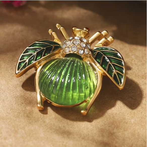 BROOCH-Vintage Style Boho Insect, Green Glass & Rhinestone Inlay, Alloy ...
