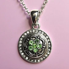 Ginger Snaps Pendant Necklace Green Floral Rhinestone Charm Silver Tone 18–21”