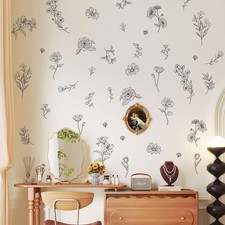 Retro Sketch Wildflower Wall Stickers, 15 Sheets Garden Floral Wall Decals DIY