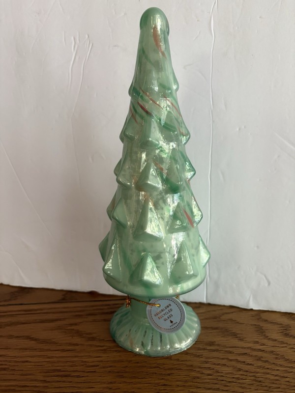 Hand Blown Recycled Glass 10"  Christmas Tree In Shades of Green  W/ Gold Dashes