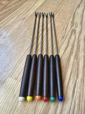Set of 6 Vtg MCM Japan Stainless Steel & Teak Fondue Forks Wood Color Coded Ends