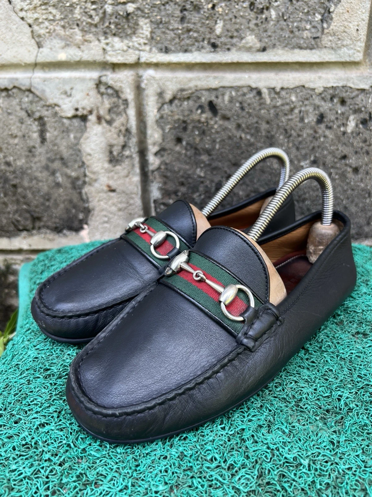Mocassins Gucci cuir noir Horsebit Driver Web 450892 U.S 5,5 U.K 5