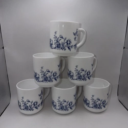 VTG Arcopal France Blue Floral Coffee Mug/Cup White Milk Glass Glenwood Set of 6