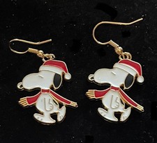 Snoopy Santa Enamel Dangle Earrings Gold-tone French Wire Christmas Earrings NEW