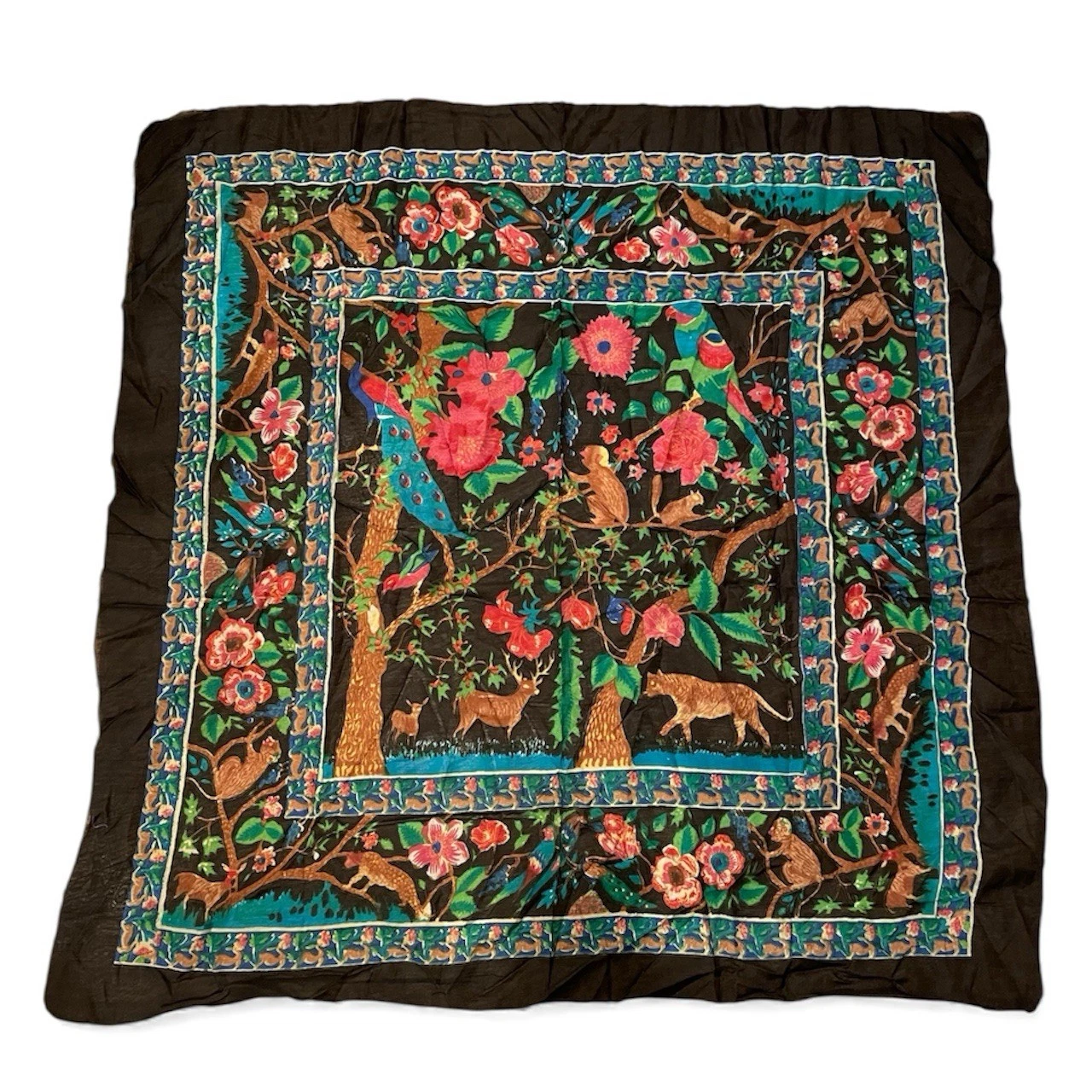 Vintage Scarf 40 in Square Chinoiserie Animal Jungle Print Rayon Multicolored