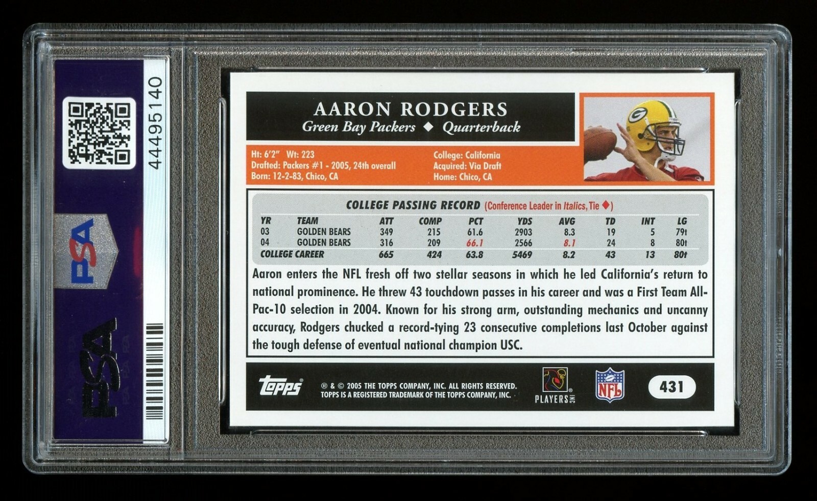 2005 Topps AARON RODGERS - Rookie Card RC #431 PSA 10 GEM MINT Packers ...