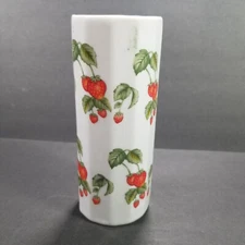 Pottery Cylinder Planter Vase Strawberries Strawberry Pattern Red 6 Inches Tall