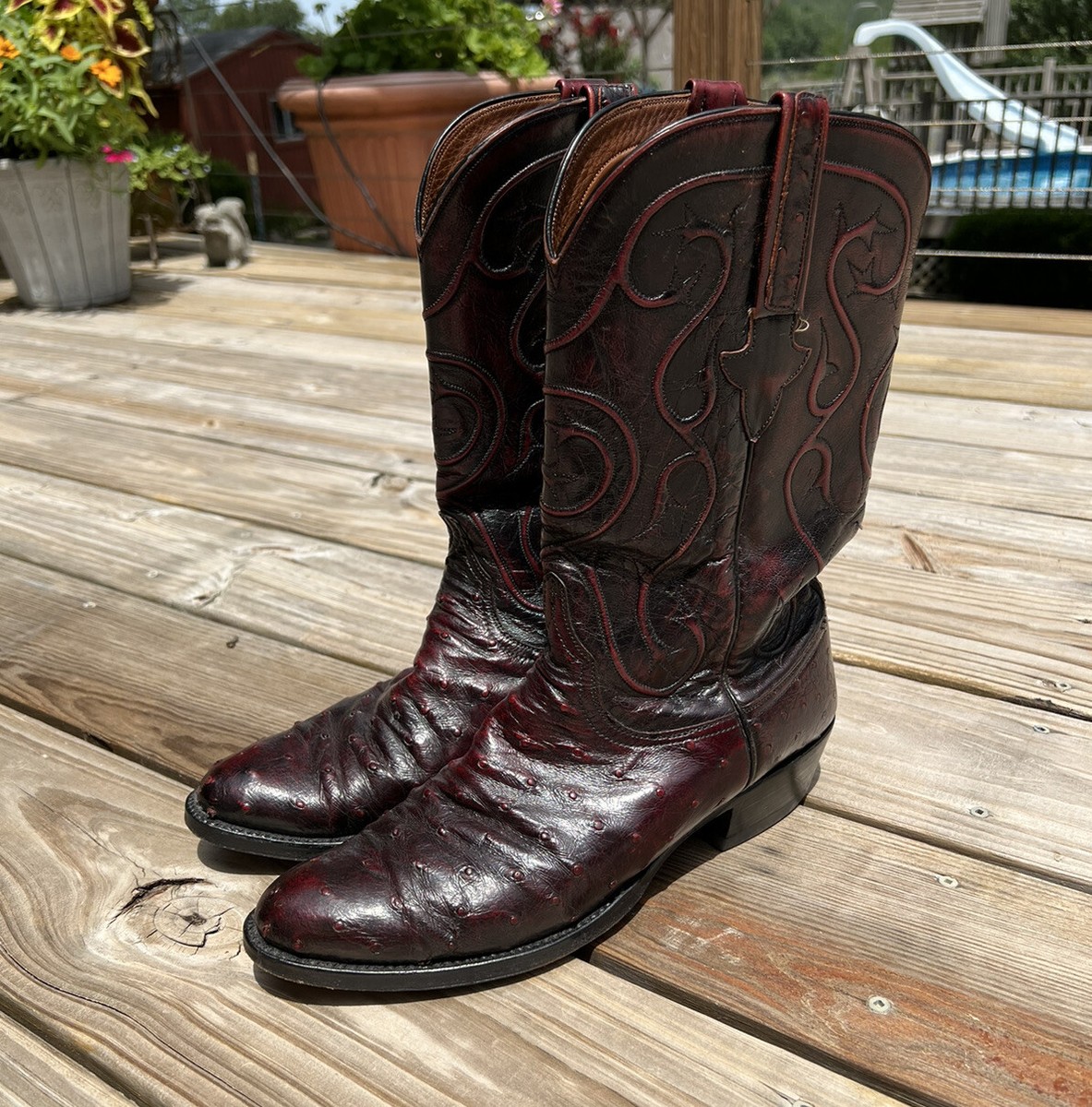 LUCCHESE BLACK CHERRY MENS BOOTS OSTRICH LEATHER SIZE 9D | eBay