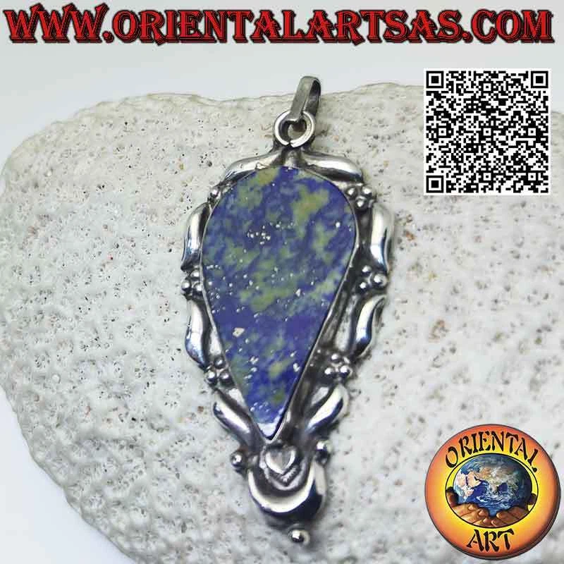 Ciondolo in argento 925‰ grande goccia rovesciata di lapislazzulo piatto su mont - Immagine 3 di 4