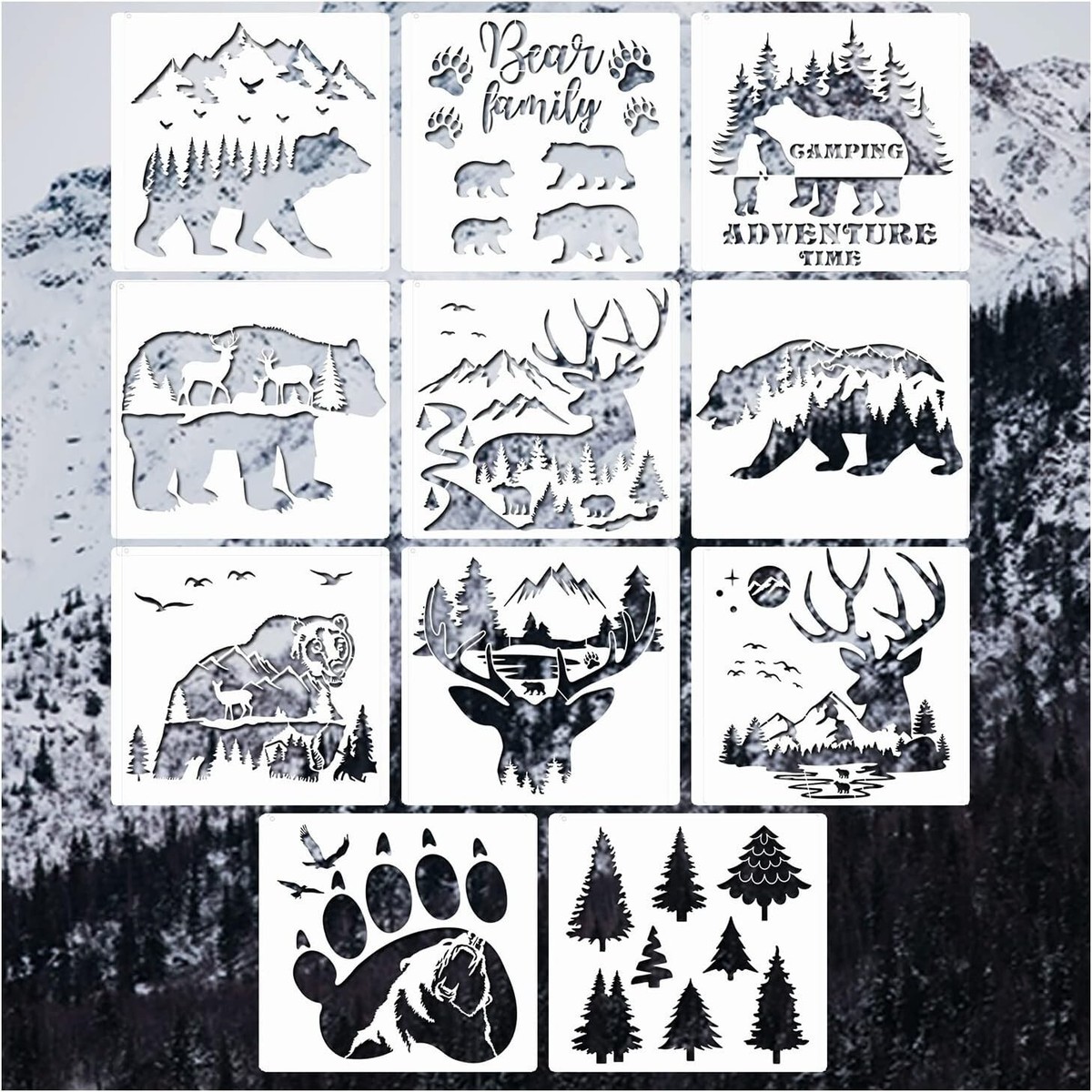 22pcs Forest Wildlife Animal Stencils, Bear Wolf Deer Pine Tree Stencils  Template Reusable Mountain Panda Winter Wood Burning Stencils for Painting  on