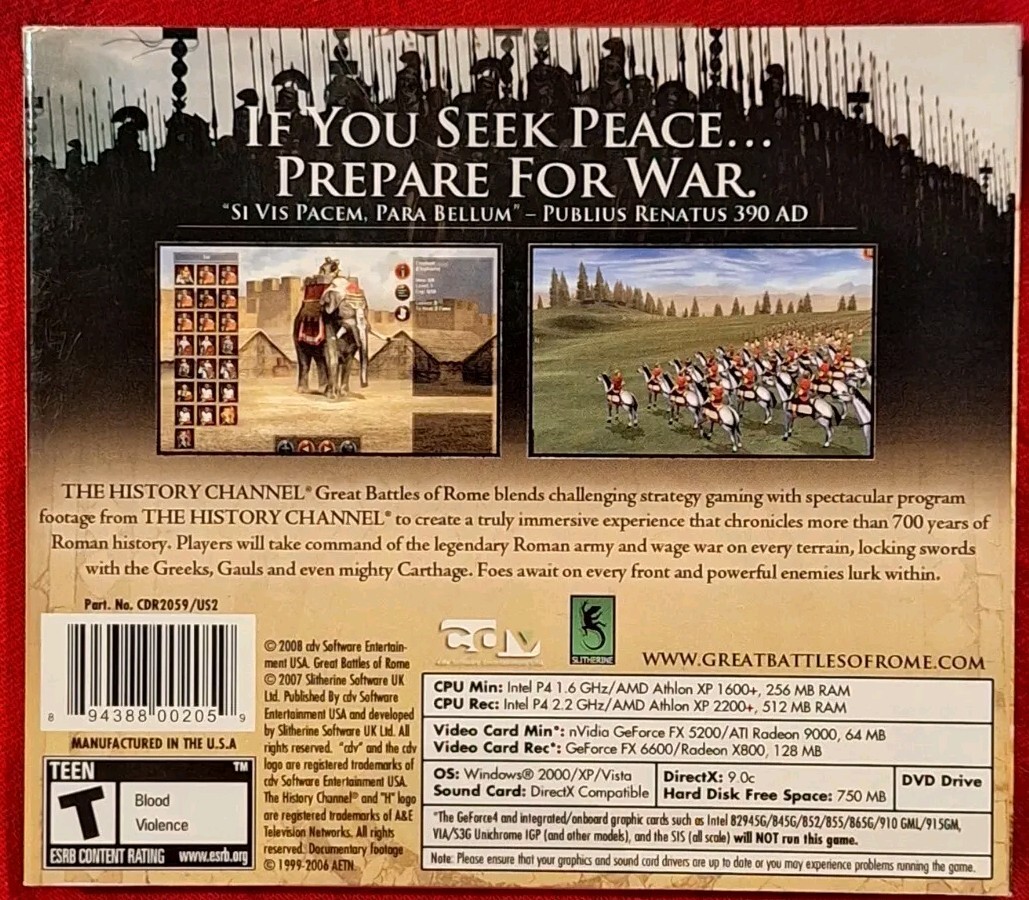 The History Channel: Great Battles of Rome PC DVD ROM 2007 Windows
