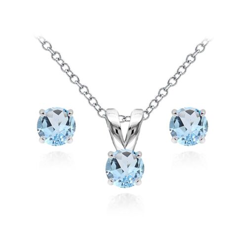 5mm Round Blue Topaz Solitaire 925 Silver Pendant Necklace & Stud Earrings Set - 第 1/3 張圖片