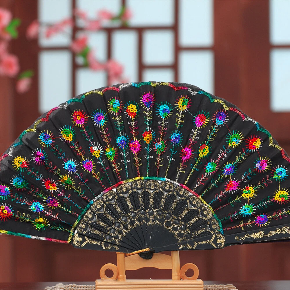 Ladies Printed Wedding Dance Peacock Feather Lace Silk Hand Fan