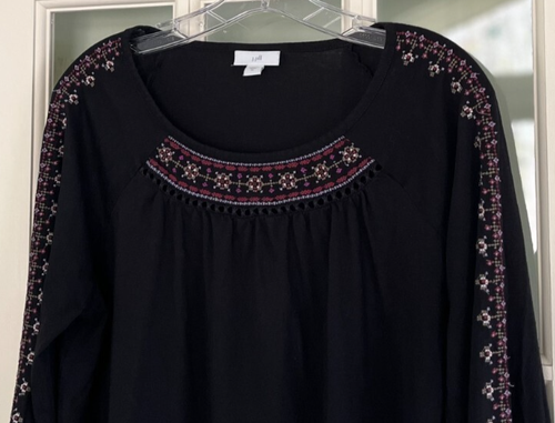 J. Jill Peasant Pullover Top Black with Embroidery Cotton/Rayon, Size Medium - Picture 3 of 7
