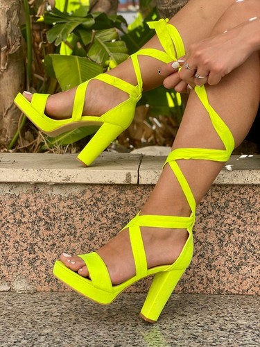 Scarpe Donna Alla schiava tacco alto Sandali camoscio estivi lacci plateau  fluo | eBay