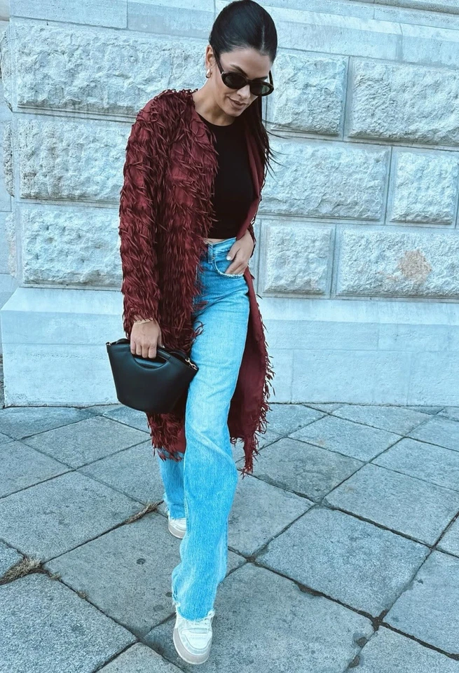 ZARA NEW WOMAN COAT WITH FRINGING MAROON SIZE S REF. 3920/097 - Image 4 of 4