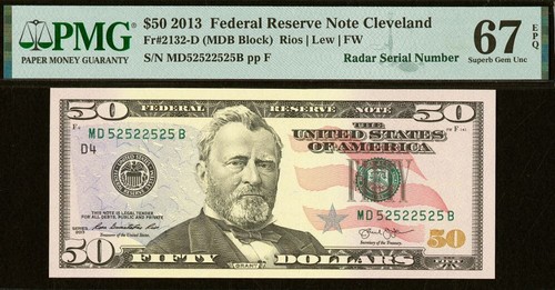 2013 $50 FRN Cleveland PMG 67EPQ - 2-Digit Fancy Radar Serial Number 52522525 - Picture 2 of 3