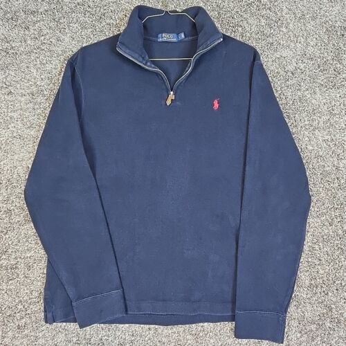 Polo Ralph Lauren Sweater Mens Large Blue Quarter Zip Tight Rib Embroidered Pony - Picture 1 of 10