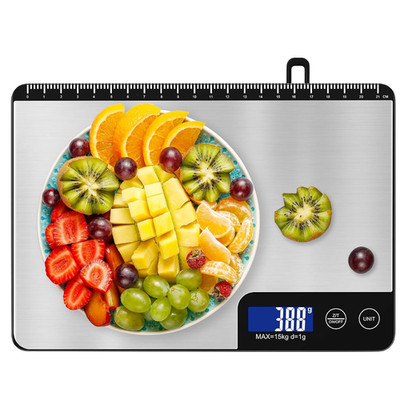 Digitale Küchenwaage 15 kg Edelstahl Lineal LCD 6 Einheiten Tara aufhängbar