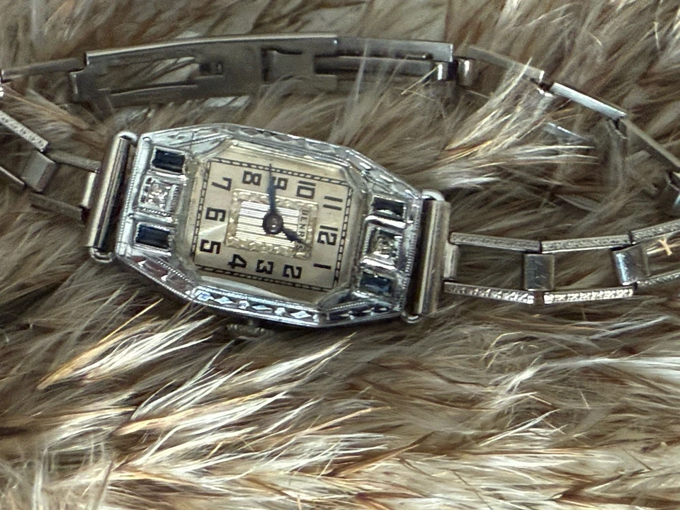 Banda vinculada a juego Benrus de zafiros y diamantes Art Deco de 1930 para damas Foto 3 de 4