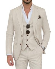 Men's Linen Suits 3 Piece Tuxedo Slim Fit Suit Set for Men Beach Wedding Medium