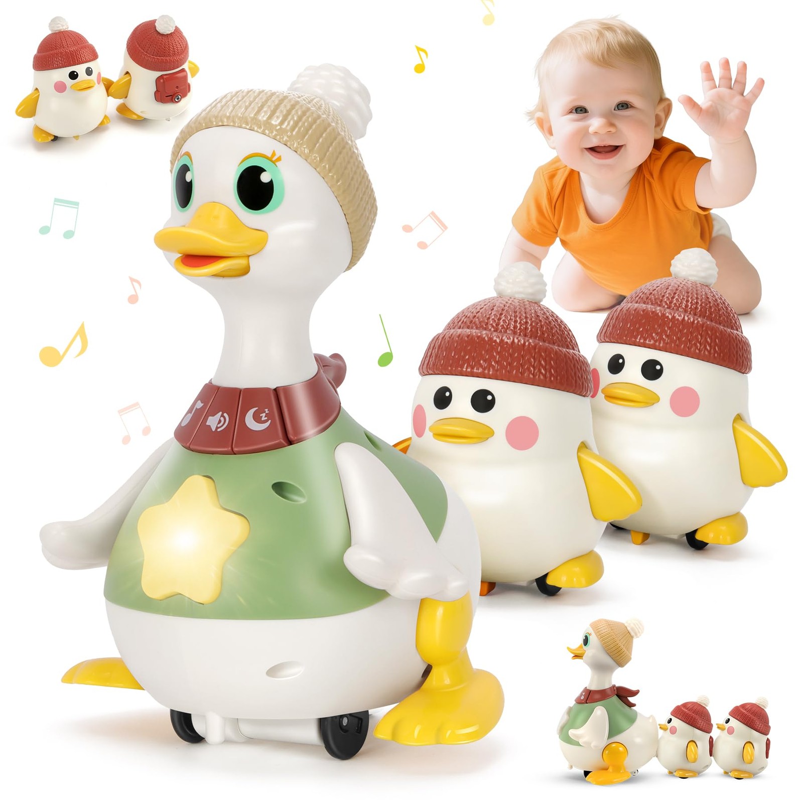 Tummy Time Toys for Babies 6-36 Months, Musical Crawling Duck Family, Light-U...