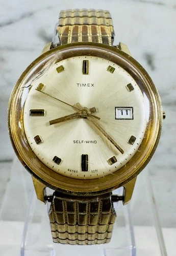 Vintage Men's Timex Self-Wind Automatic Watch Gold Dial Date Window Parts Repair