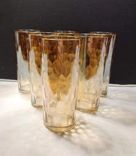 VINTAGE Jeanette Hex Optic Iridescent Marigold Depression Glass Tumblers 16 oz