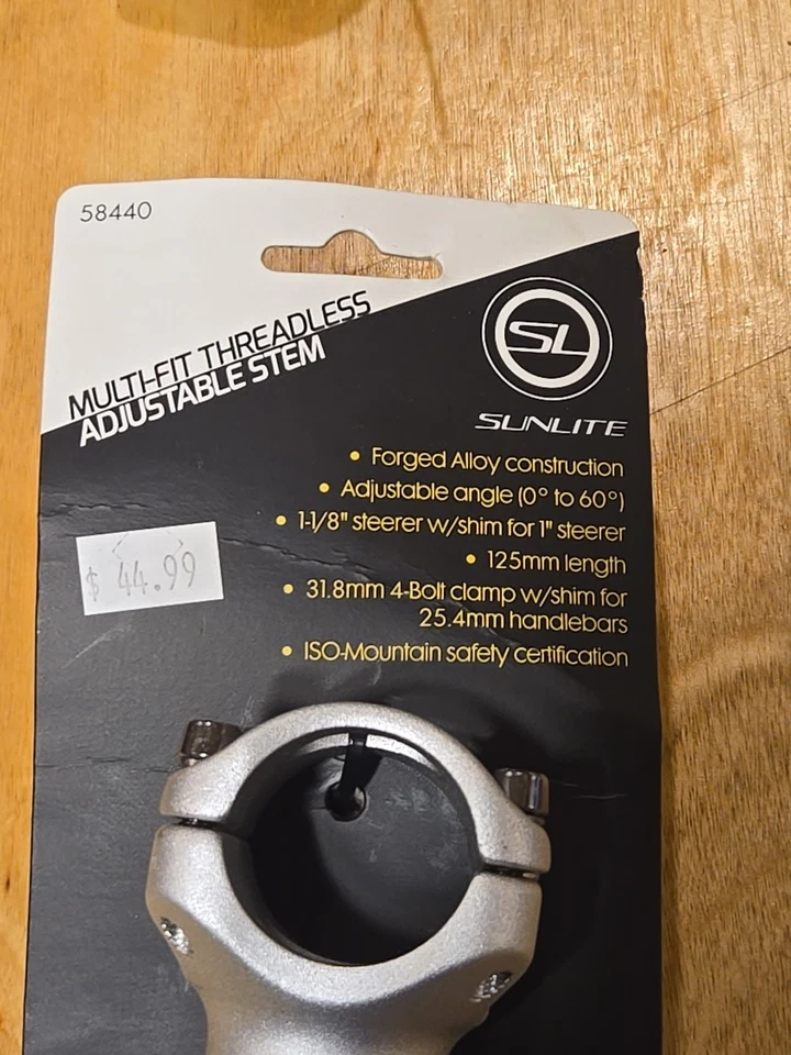 SUNLITE 58440 0°-60° Adjustable Bike Stem 125mm Length 31.8mm Silver - Image 2 of 4