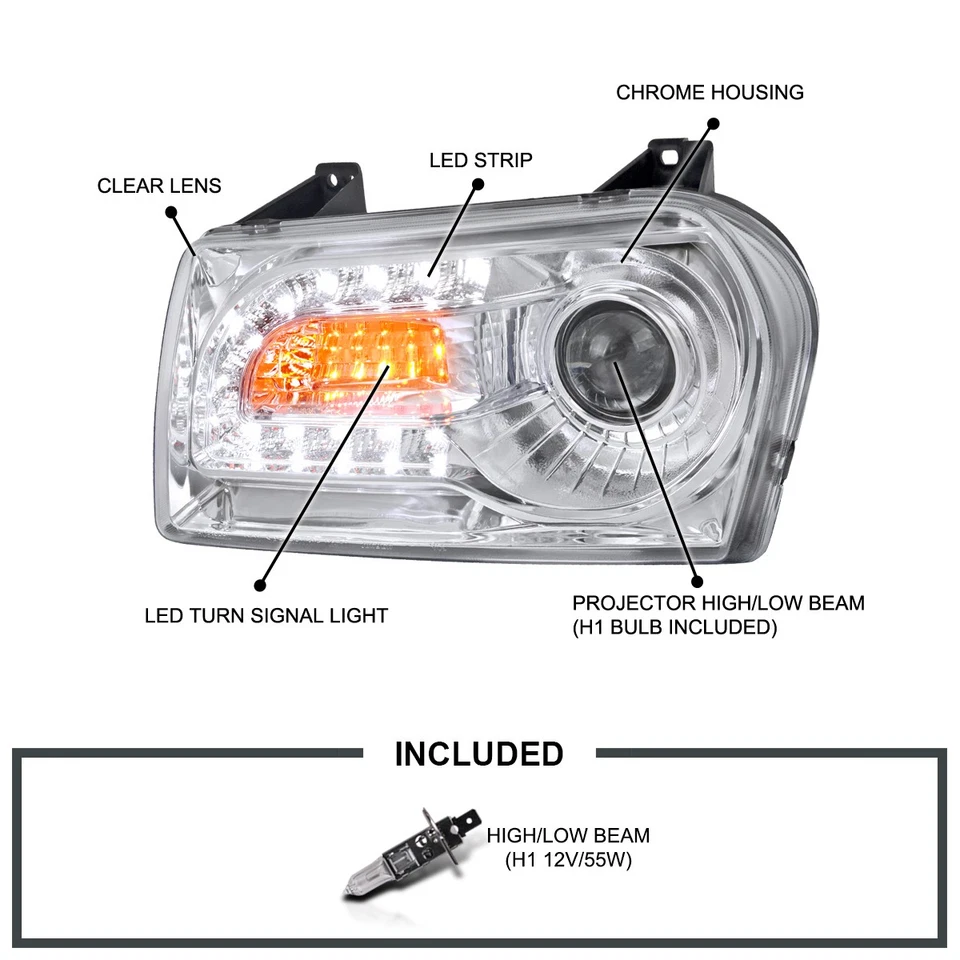 Fits 2005-2010 Chrysler 300 LED Signal Strip Projector Headlights Left+Right - Image 3 of 4