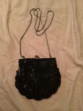 Vintage Black Beaded Evening Purse Clam Shell Shaped Shoulder Bag