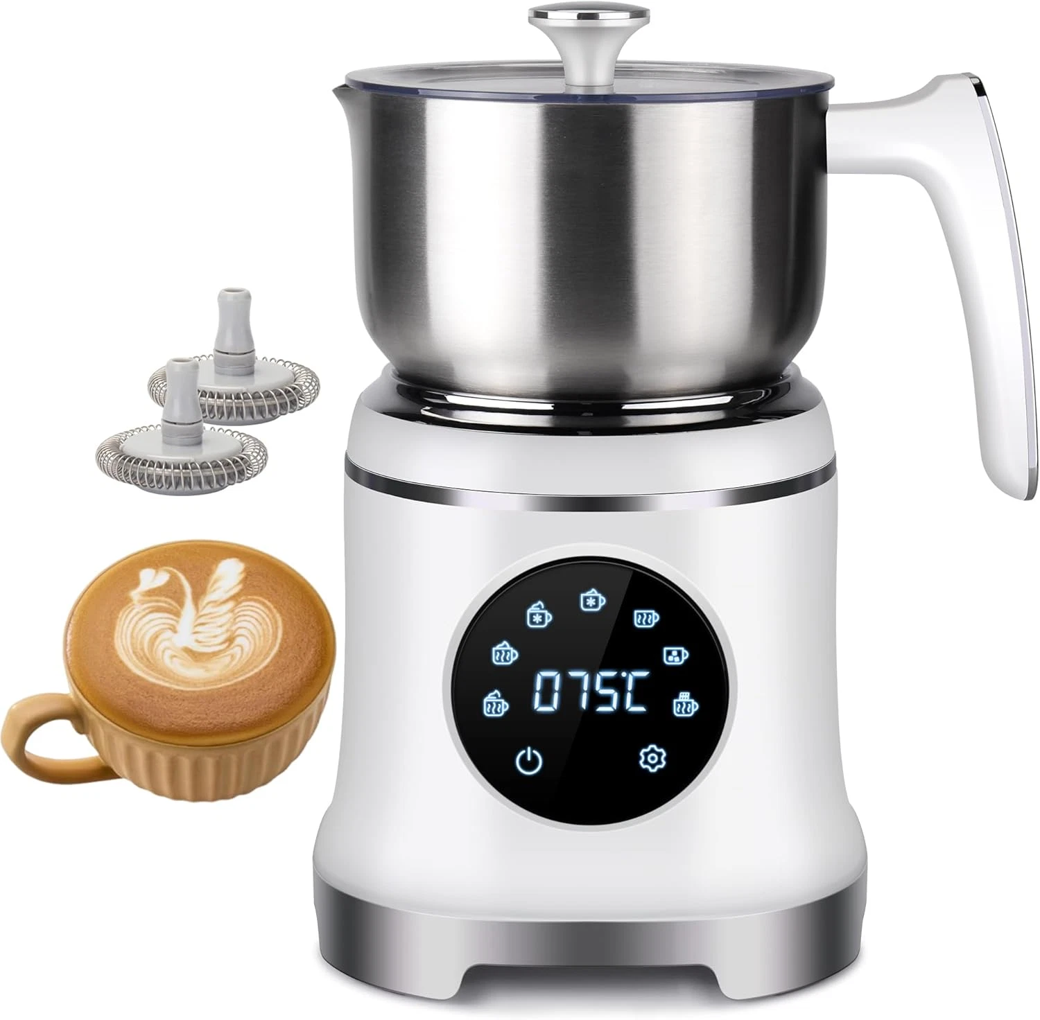 Versatile 7-in-1 Electric Milk Frother & Steamer with Temp Control - White
