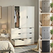 RIGA Wooden 3 Door 6 Drawer Wardrobe Bedroom Storage Closet Shelves Hanging Rail