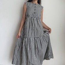 Everlane The Tiered Midi Gingham Dress XS Black White Checked Cotton Pockets